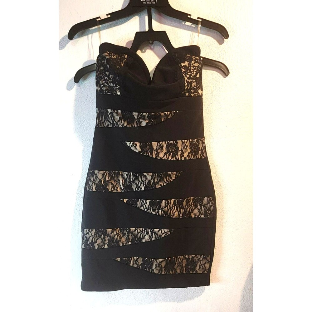 Emerald Sundae Sexy Black Strapless Bodycon Dress - Lace Inset Panels - Size S